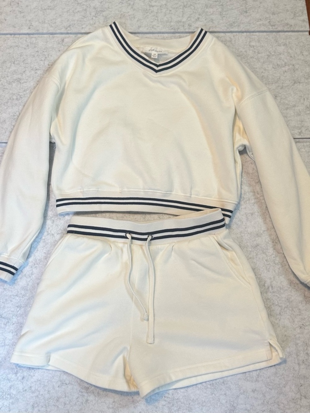 Pink Rose Cream Lounge Pajama Set with Navy Stripe Trim